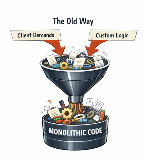 Diagram showing client demands and custom logic flowing into a legacy database, creating complexity