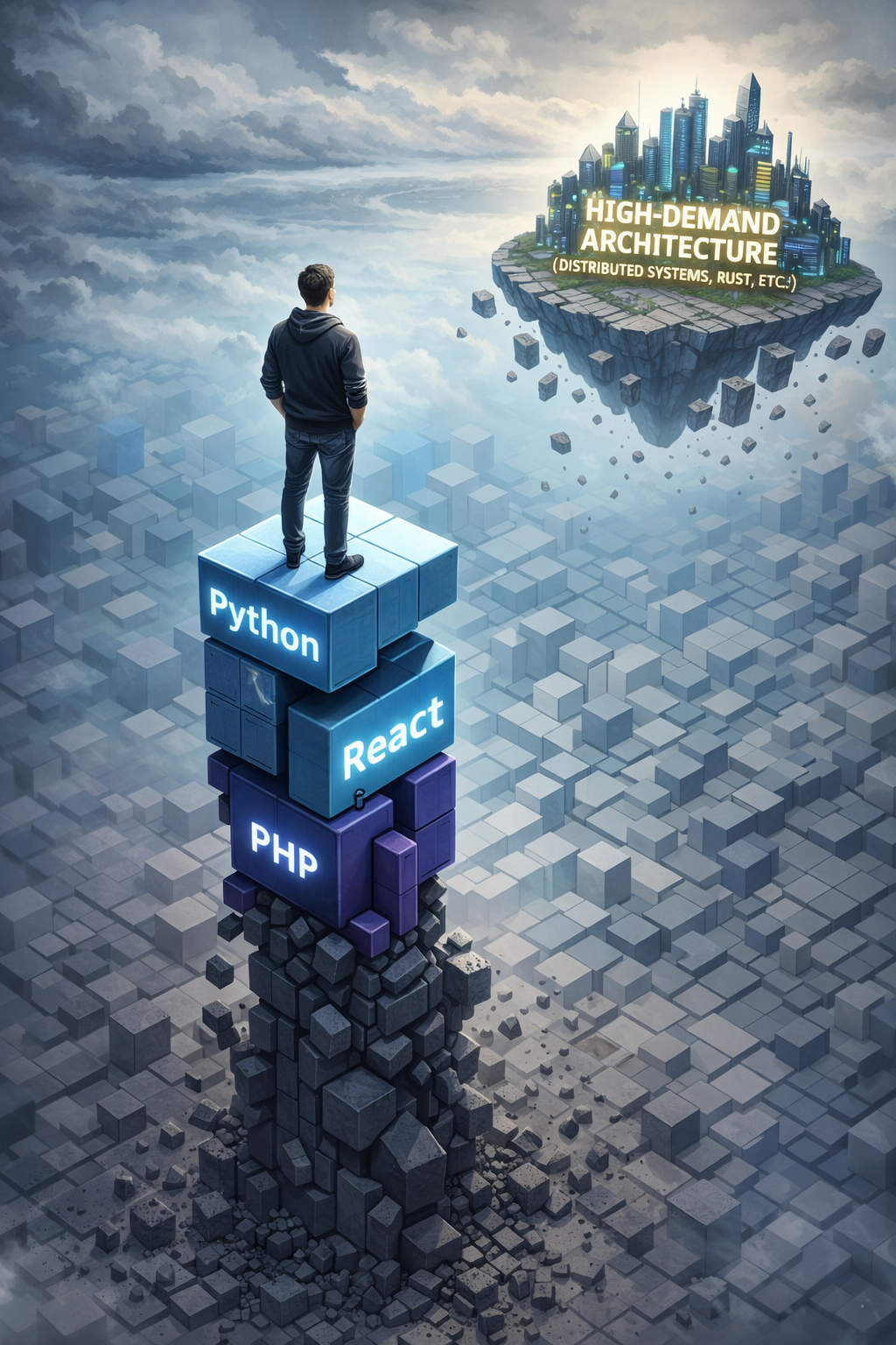 Software developer standing on a crumbling legacy tech stack looking at modern programming languages.